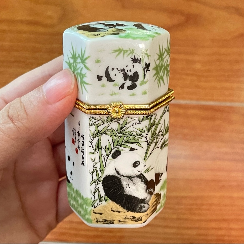 Vintage Lucky Panda Bamboo Trinket Box Chinese Porcelain